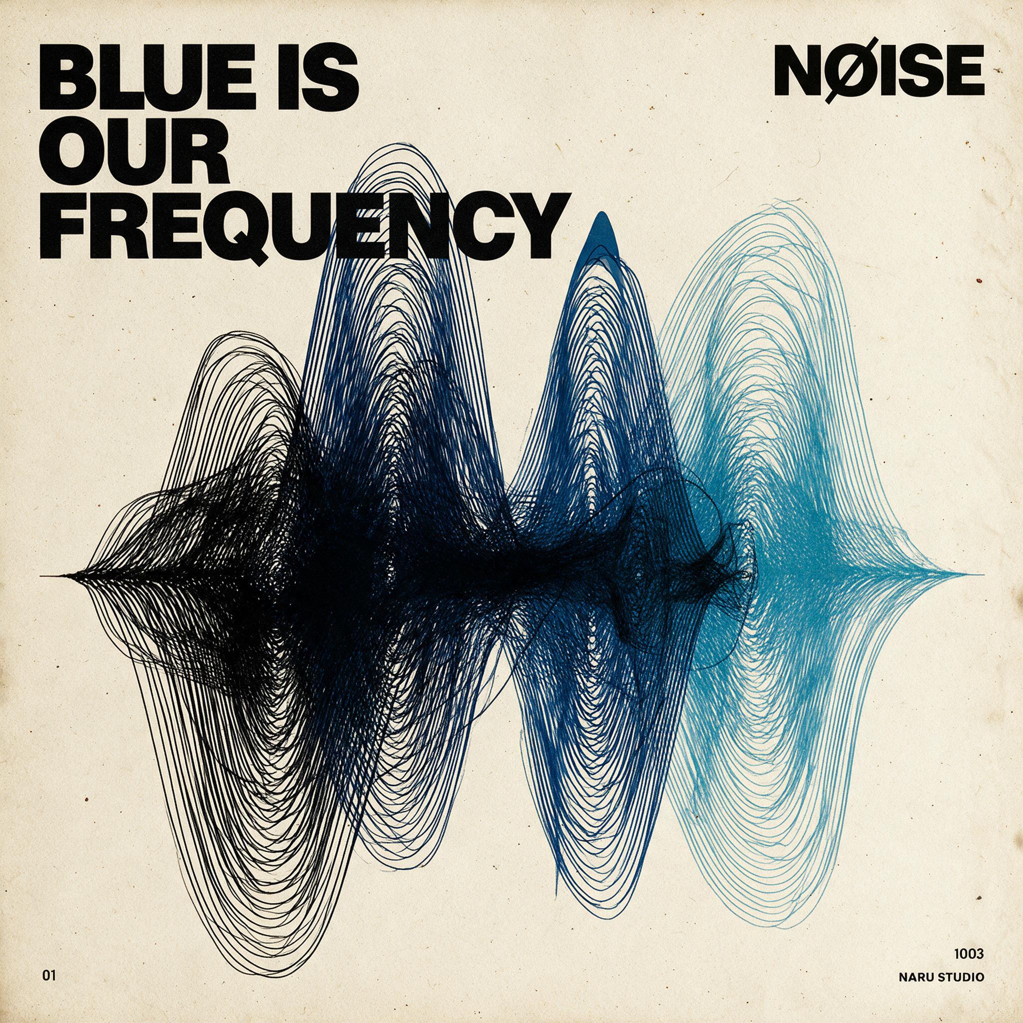 NØISE 미니 1집 BLUE IS OUR FREQUENCY 앨범 커버. 크림색 배경에 검정과 파란색 주파수 파형이 겹쳐진 디자인.